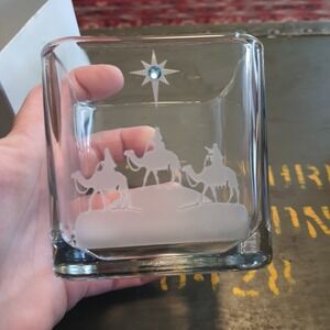 Healy Artisan Glass Etched Wisemen Votive Candle Holder Square With Gem Detail